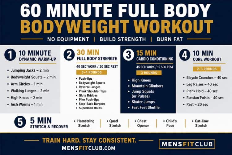 Infographic of 60 minute full body bodyweight workout.