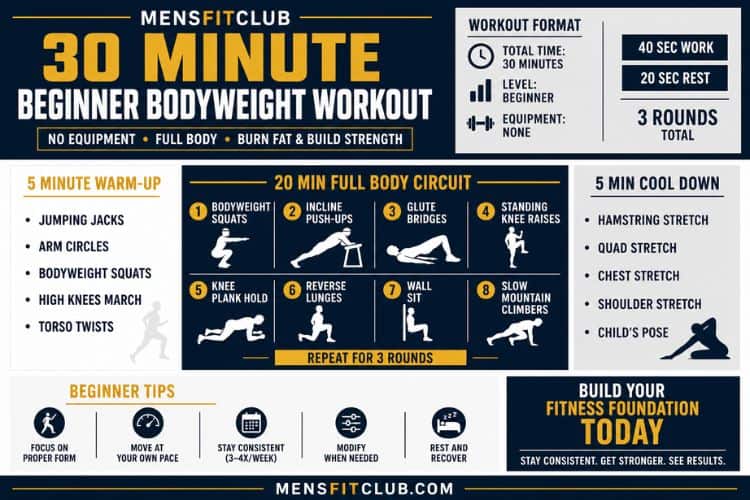 Infographic of 30 minute beginner bodyweight workout program.