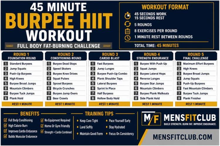 infographic of 45 minute burpee HIIT workout
