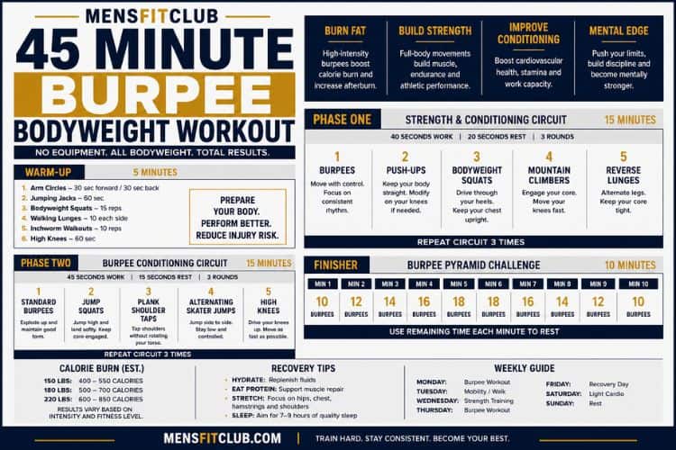 infographic of 45 minute burpee bodyweight workout