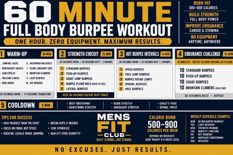 infographic of 60 minute full body burpee workout