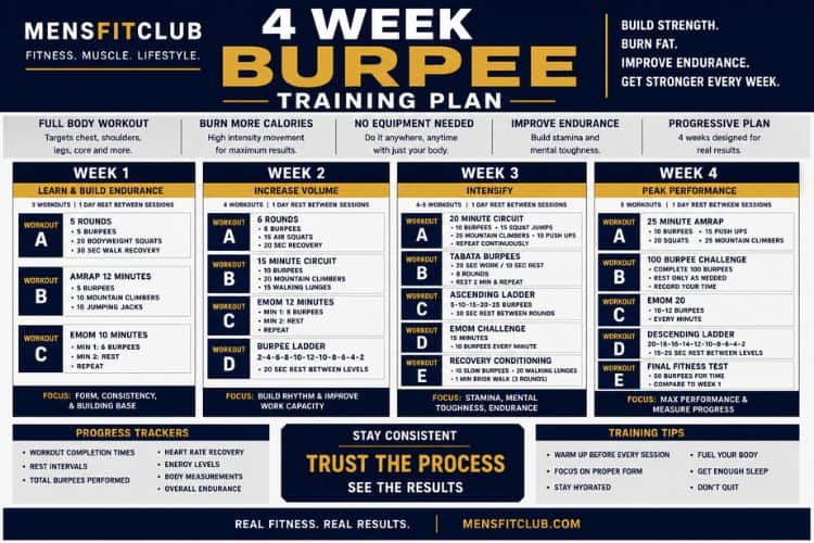 infographic of 4 week burpee training plan