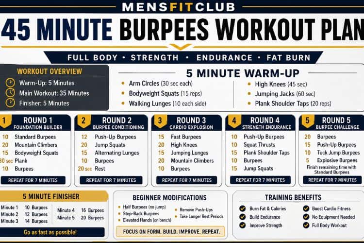 infographic of 45 minute burpees workout plan sets and reps
