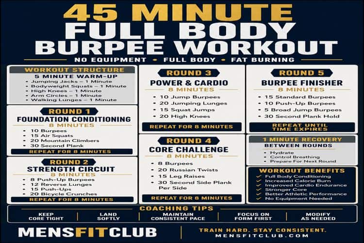 infographic of 45 minutes for full body burpee workout