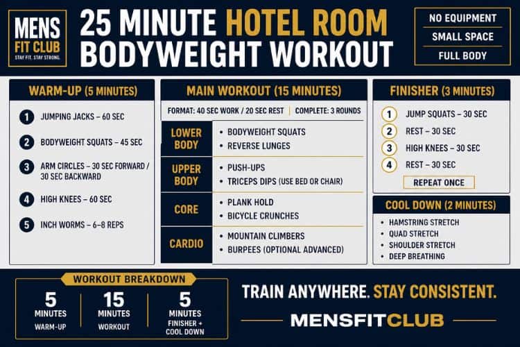 Infographic of 25 minute hotel room bodyweight workout.
