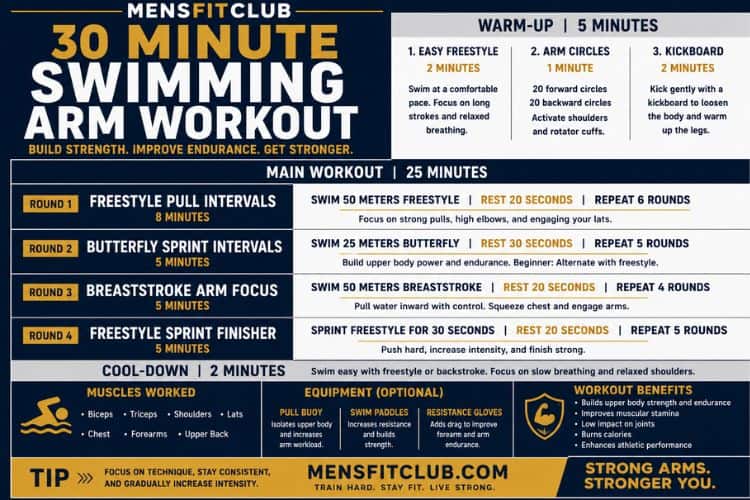infographic of 30 minute swimming arm workout