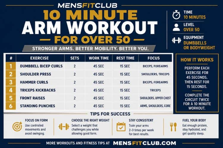 Infographic of 10 minute arm workout for over 50 sets and reps.