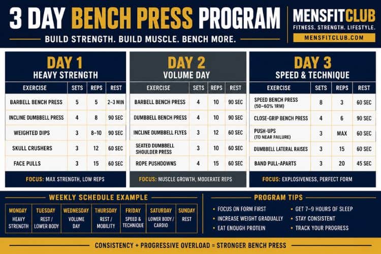 Infographic of 3 day bench press program sets and reps.
