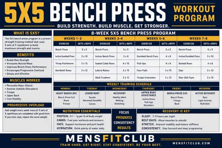 Infographic of 5x5 bench press workout program sets and reps.