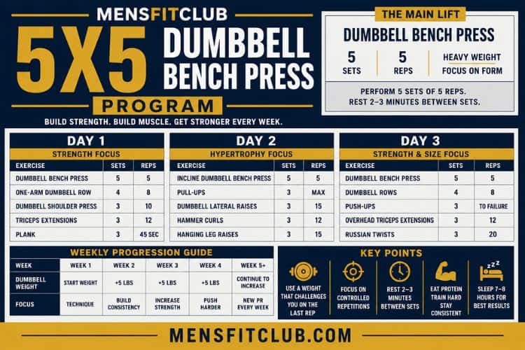 Infographic of 5x5 dumbbell bench press program sets and reps.