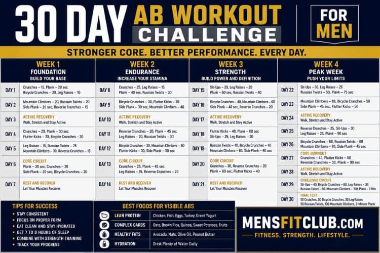 Infographic of 30 day ab workout challenge for men.