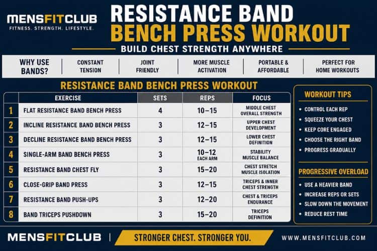 Infographic of resistance band bench press workout sets and reps