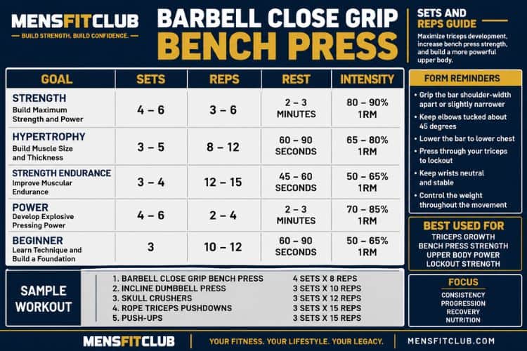 Infographic of barbell close grip bench press sets and reps.