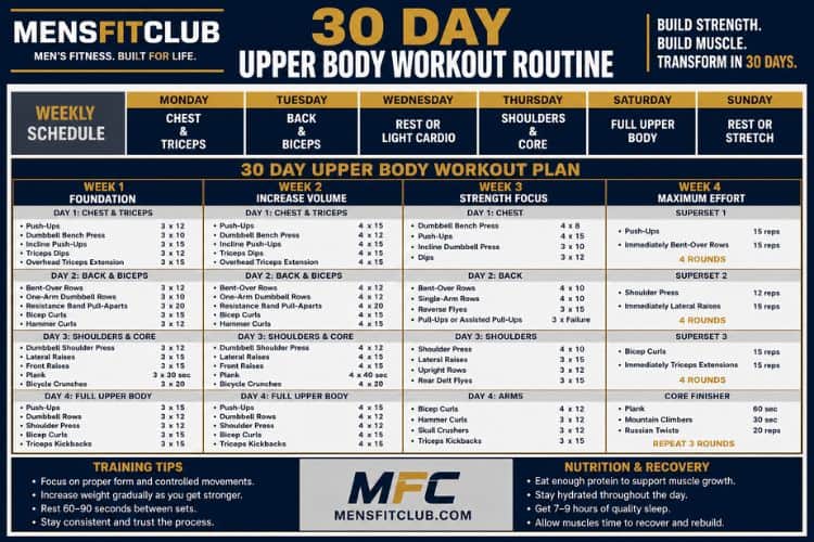 Infographic of 30 day upper body workout routine sets and reps.