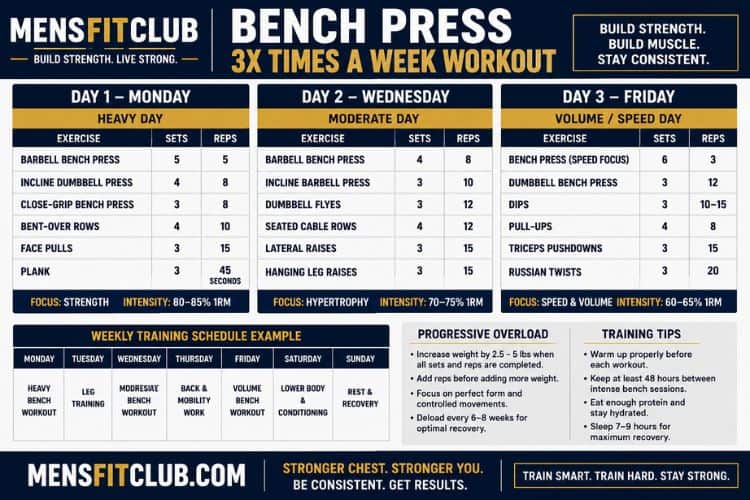 Infographic of bench press 3x times a week workout sets and reps.