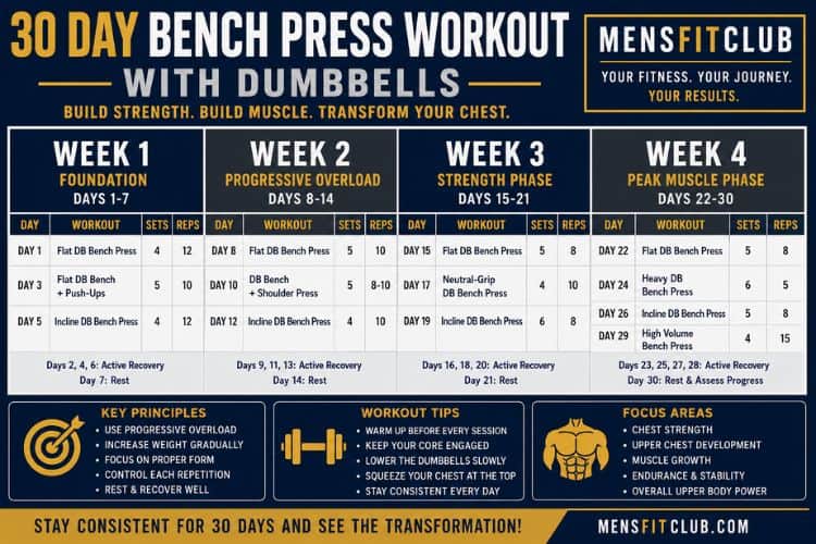Infographic of 30 day bench press workout with dumbbells sets and reps.