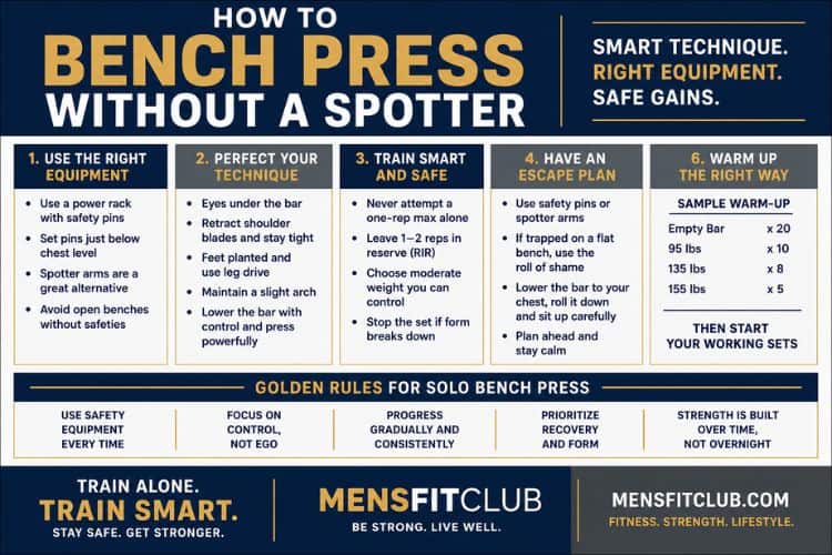 Infographic of bench press without a spotter picture.