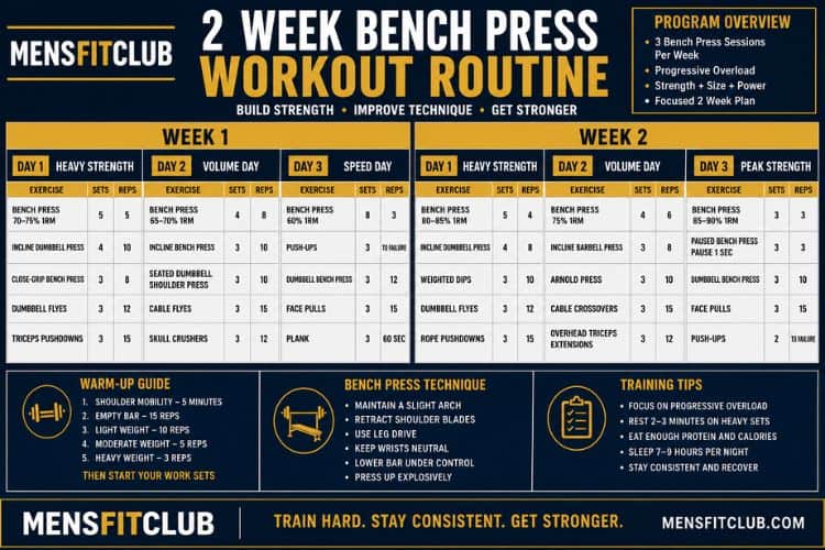 Infographic of 2 week bench press workout routine reps and sets.
