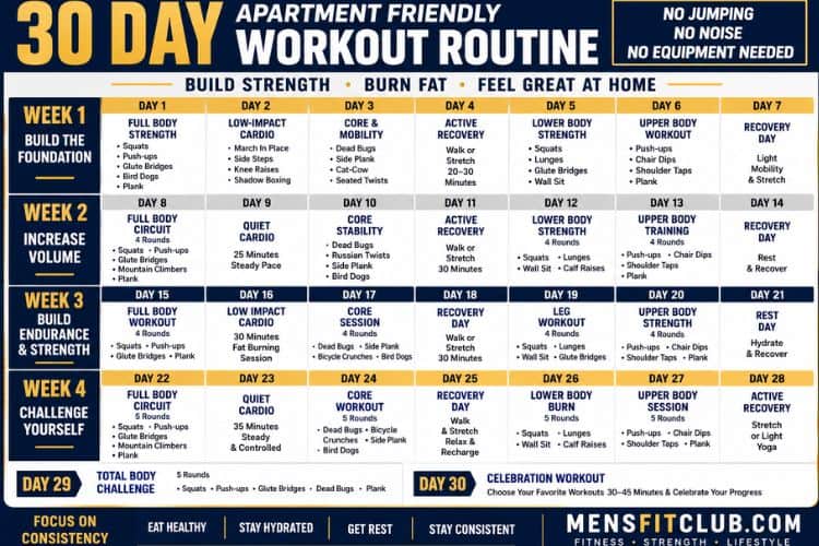 Infographic of 30 day apartment friendly workout