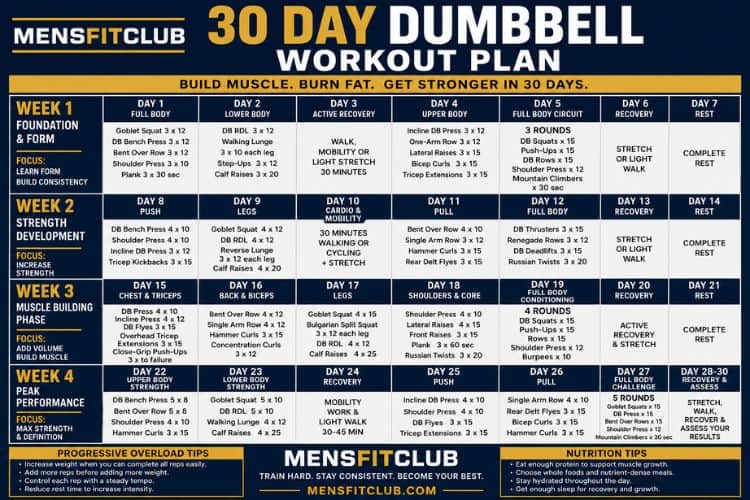 Infographic of 30 day dumbbell workout plan sets and reps.