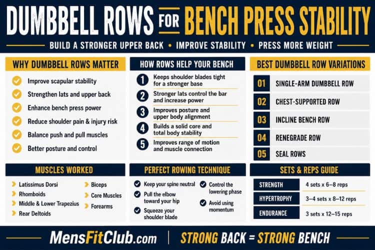 Infographic of dumbbell rows for bench press stability