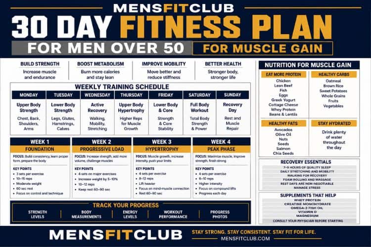 Infographic of 30 day fitness plan for men over 50