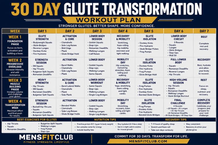 Infographic of 30 day glute transformation workout plan.