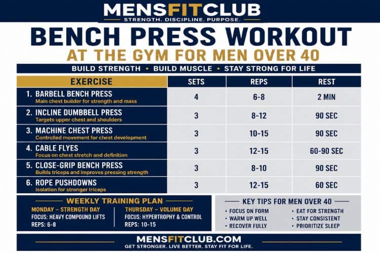 Infographic of bench press workout at the gym for men over 40 sets and reps