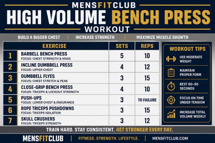 Infographic of high volume bench press workout sets and reps.