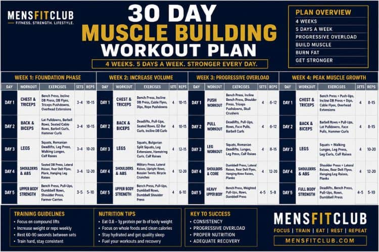 Infographic of 30 day muscle building workout plan sets and reps.