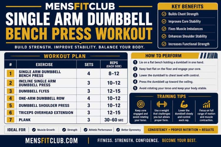 Infographic of single arm dumbbell bench press workout sets and reps.