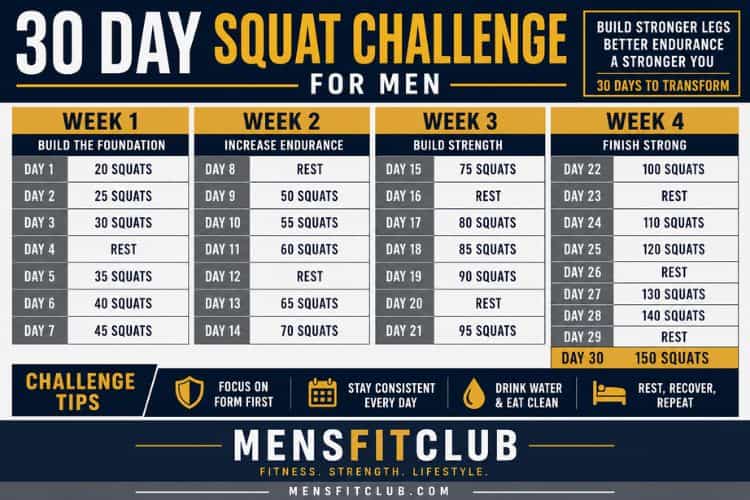 Infographic of 30 day squat challenge for men