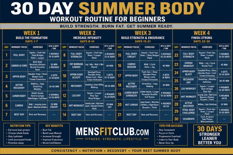 Infographic of 30 day summer body workout routine sets and reps.