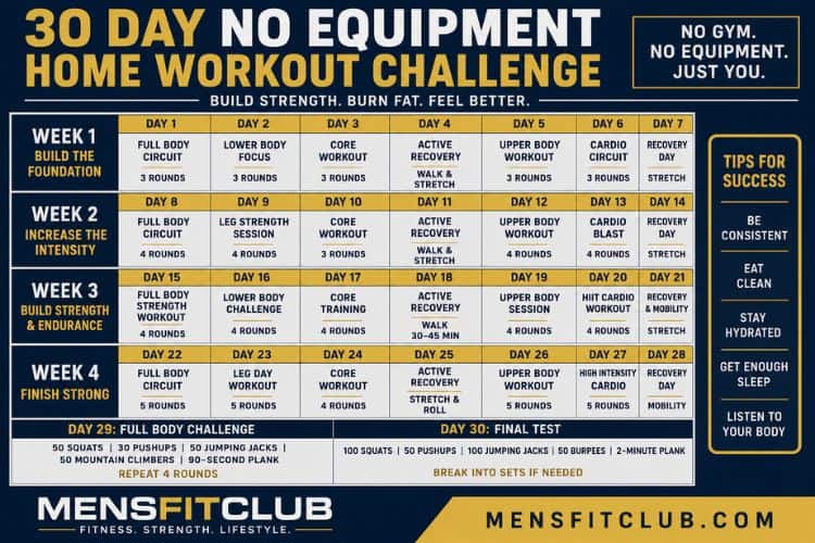 Infographic of 30 day no equipment home workout challenge.