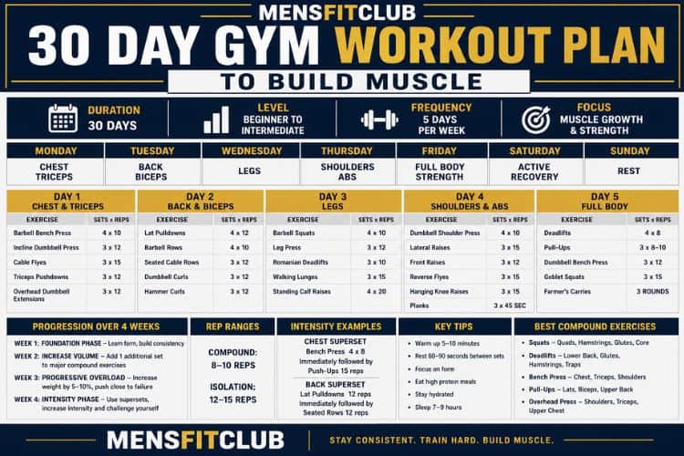 Infographic of 30 day gym workout plan sets and reps