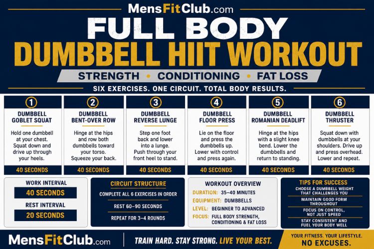 Infographic of full body dumbbell HIIT workout circuit.