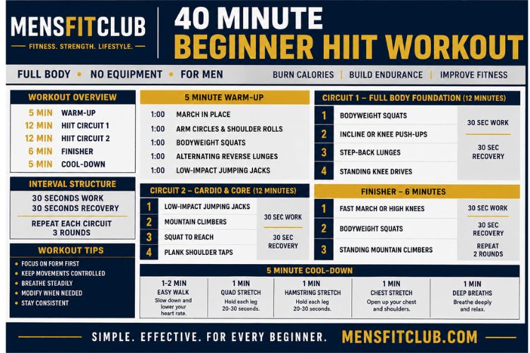 Infographic of 40 minute full body beginner hiit workout.