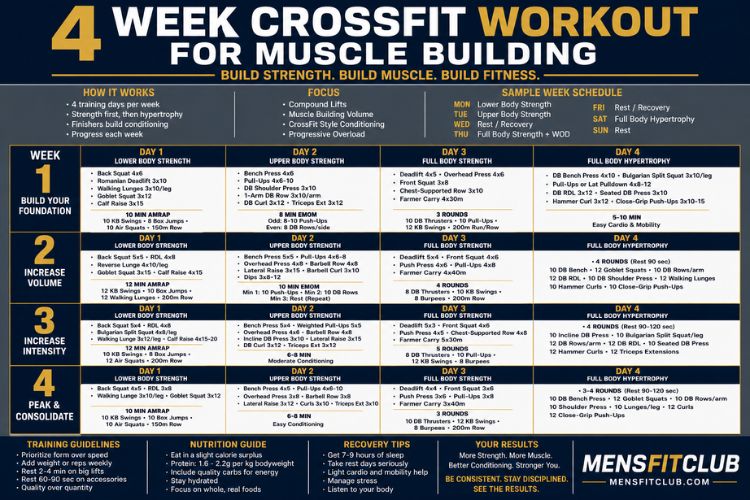 Infographic of 4 week crossfit workout for muscle building.