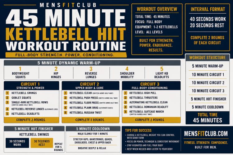 Infographic of 45 minute kettlebell HIIT workout routine