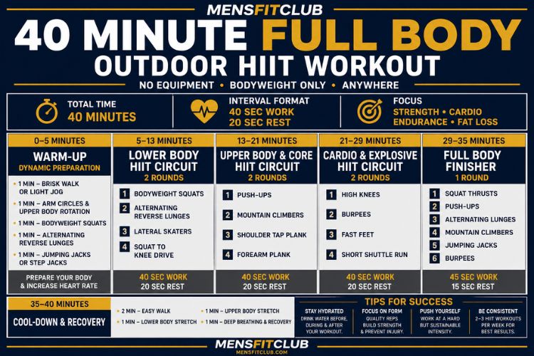 Infographic of 40 minute full body outdoor HIIT workout.