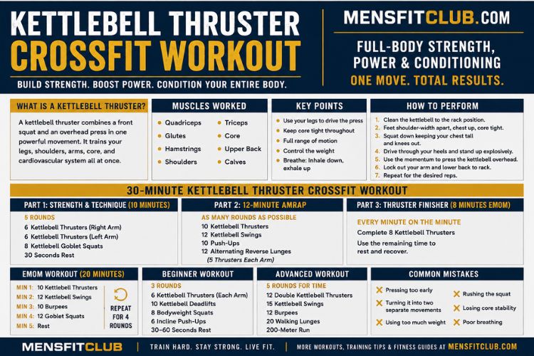 Infographic of kettlebell thruster crossfit workout.