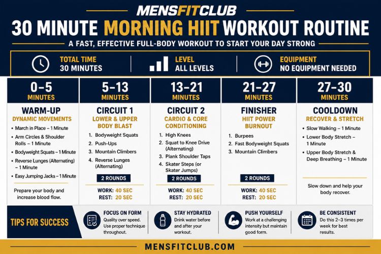 Infographic of 30 minute morning HIIT workout circuit