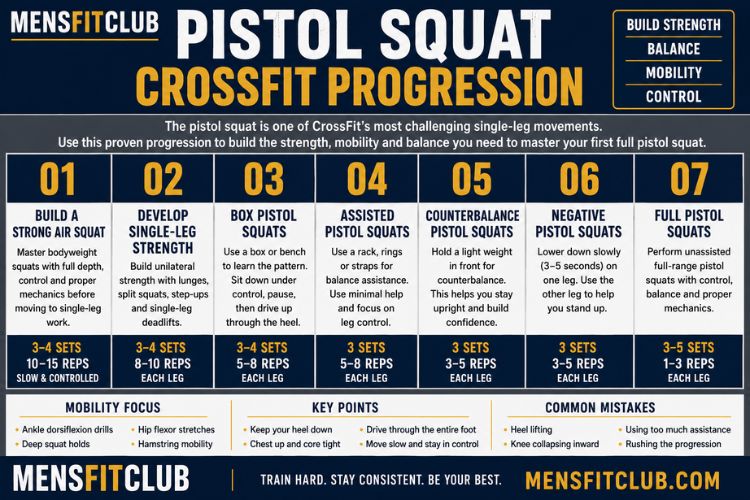Infographic of pistol squat CrossFit workout progression.