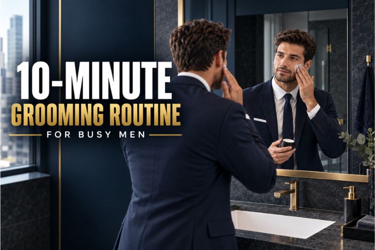 Man in a suit quickly applying moisturizer in a modern bathroom mirror, representing a 10-minute grooming routine.