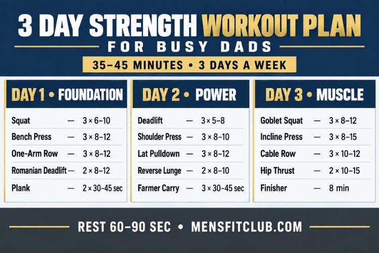 Infographic of 3 day strength workout plan for busy dads.