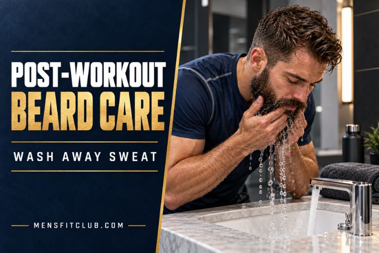 Man washing his beard hair in a sink to remove sweat after a daily workout routine.