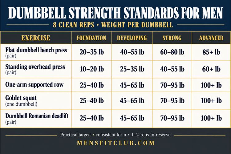 Infographic for Dumbbell Strength Standards for Men by exercise