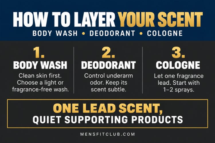 Infographic showing How Men Can Layer Cologne Deodorant and Body Wash for a cohesive scent