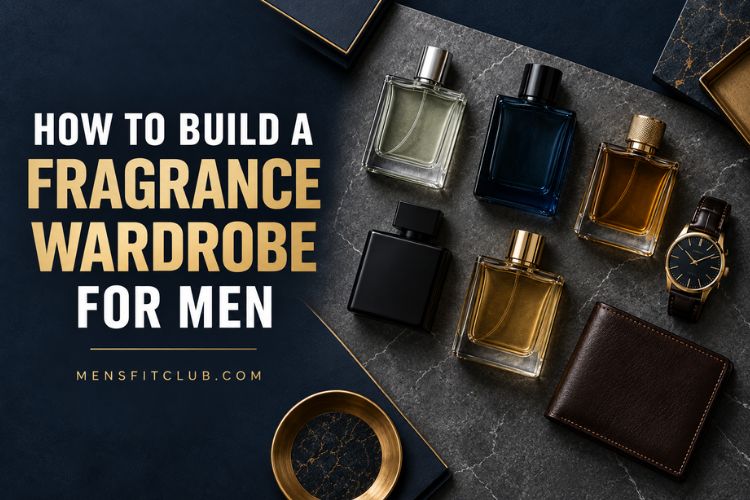 a Flat lay of a men's fragrance wardrobe featuring essential cologne bottles, a luxury watch, and a leather wallet on how to build a fragrance wardrobe for men.