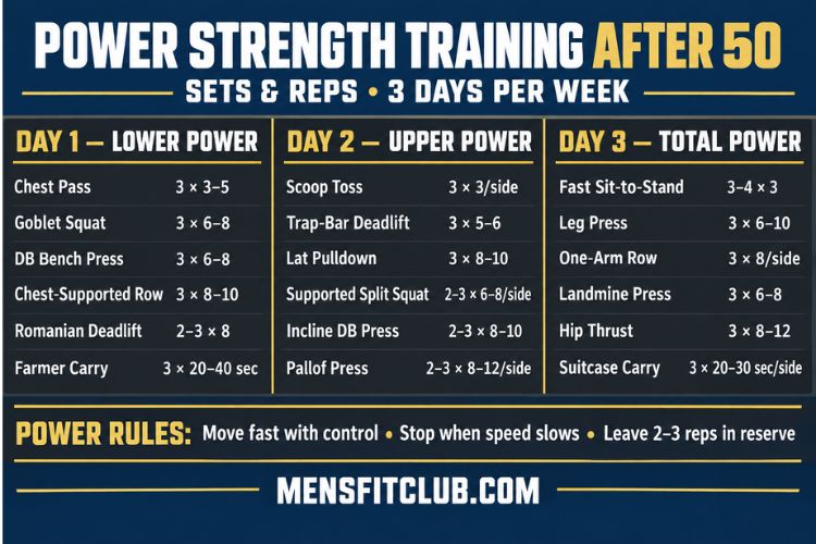 Infographic sets and reps workout for power strength training after 50.